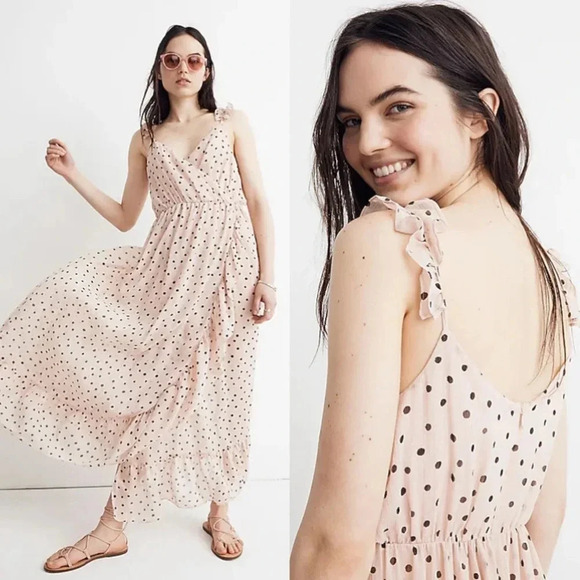 Madewell Light Pink Polka Dot Metallic Lurex Ruffle Wrap Midi Dress Size 6P - Picture 1 of 16